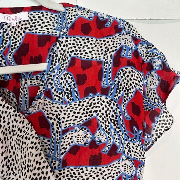 Parker Peplum Top Leopard Silk Small Red White Cheetah Print Ruffle Short Sleeve - Picture 12 of 14